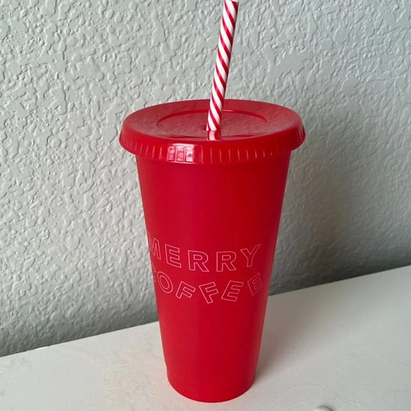 3/$24 Starbucks "Merry Coffee" Red Reusable Cold Cup with Candy Cane Straw - Picture 1 of 6